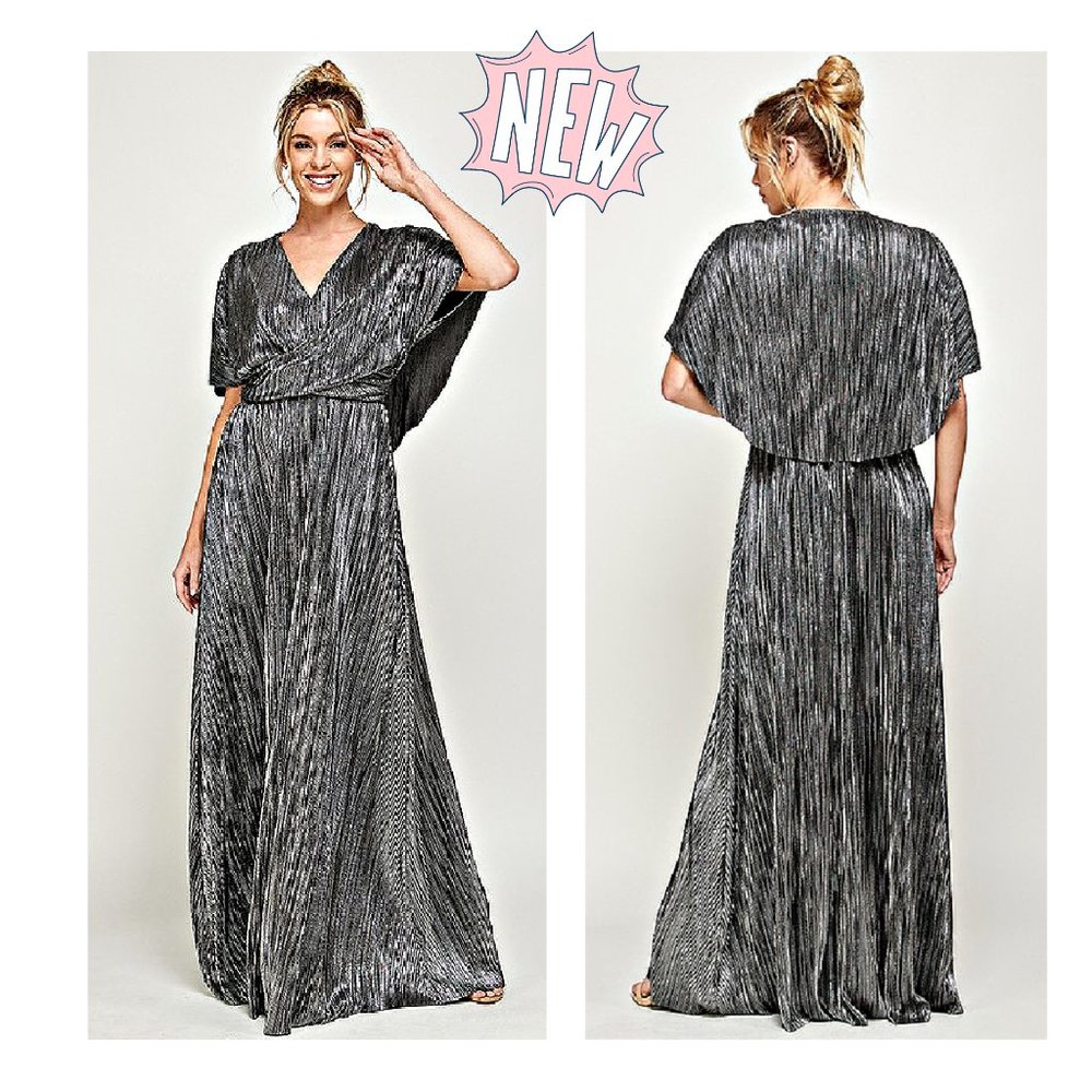 GORGEOUS Silver Crinkle Metallic Threaded Cape Back Maxi Dress S+M+L NEW - Picture 1 of 4